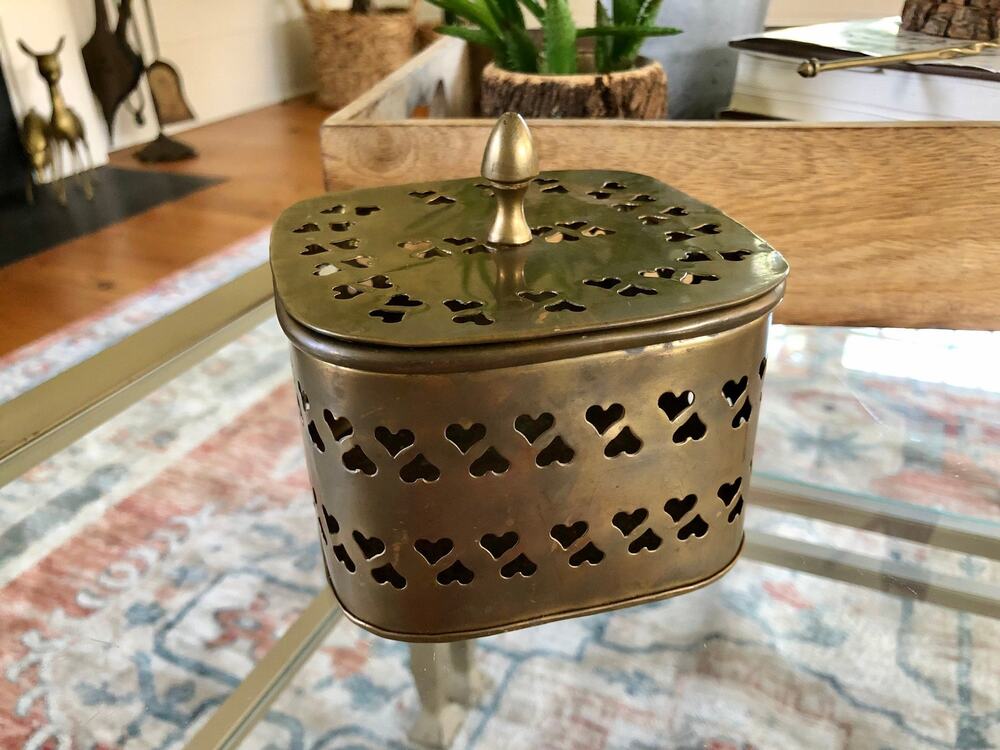 Vintage Rounded Square Brass Trinket Box Stamped Metal Heart Cutouts